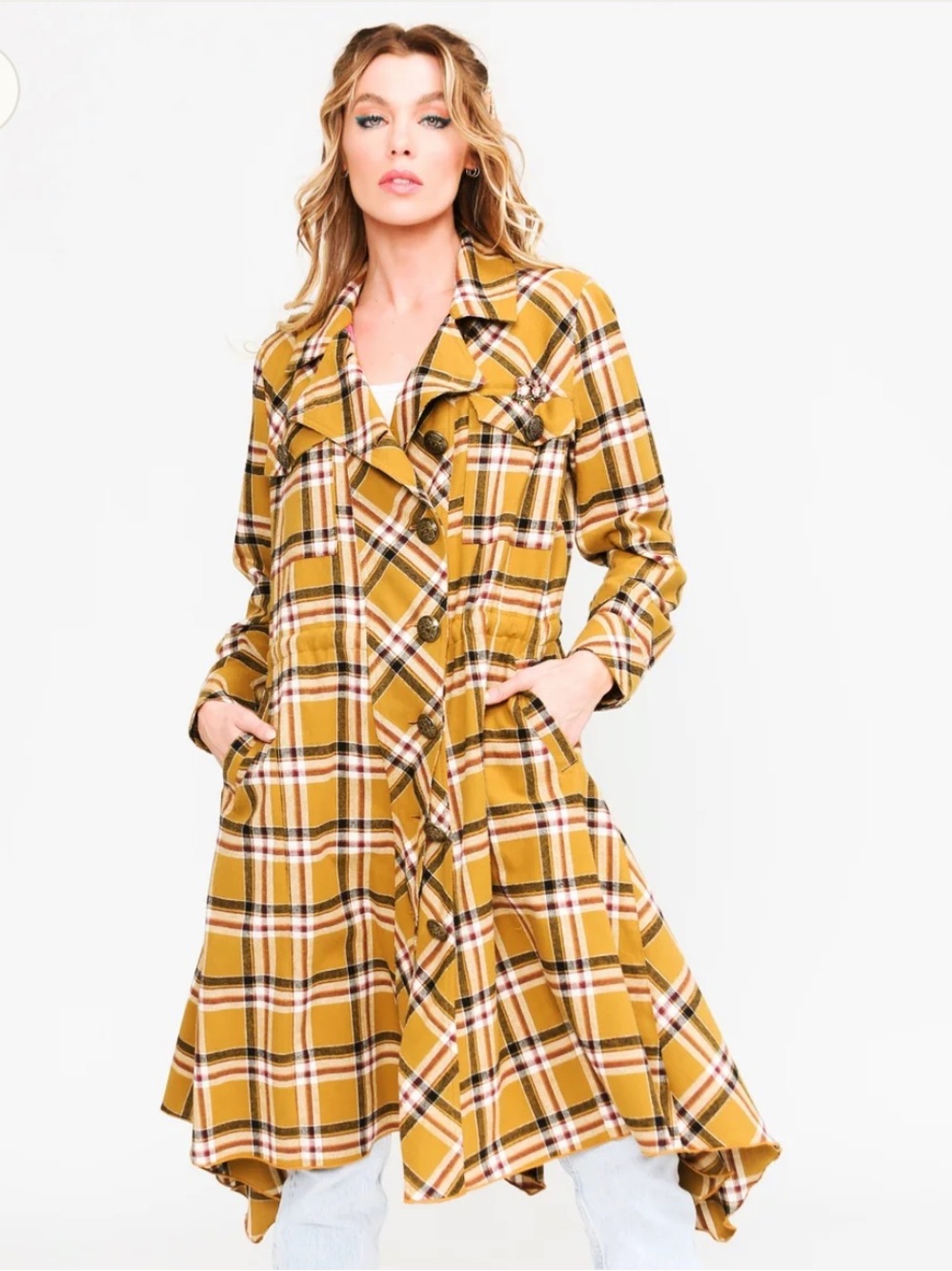 Aratta Coco Plaid Trench Coat Mustard Owl Brooch Boho Jacket